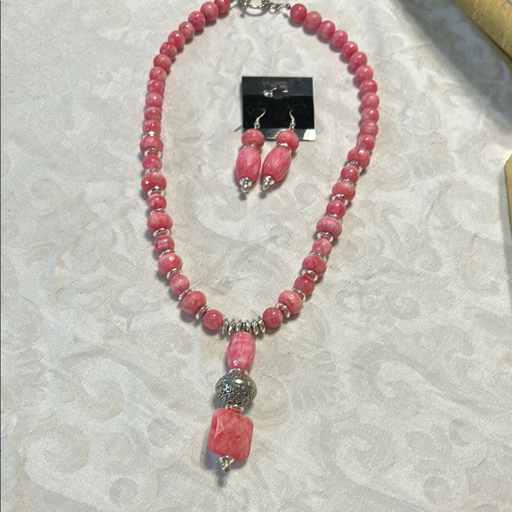 Pink Jade Necklace and Earring Set original by Bellavive Jewelry